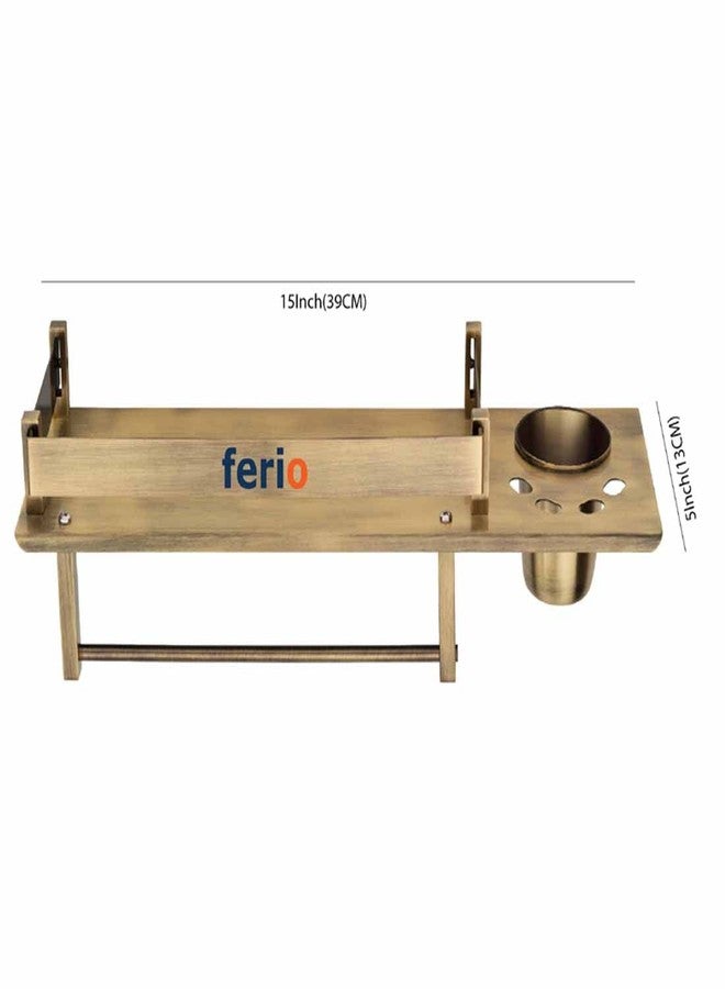 FERIO Bathroom Shelf Stainless Steel 3 in 1 Wall Mount Multipurpose Bathroom Shelves Rack Hanger with Towel Bar Tumbler Holder Bathroom Accessories Brass Antique (15 X 5 Inch) Pack of 1 - Image 2